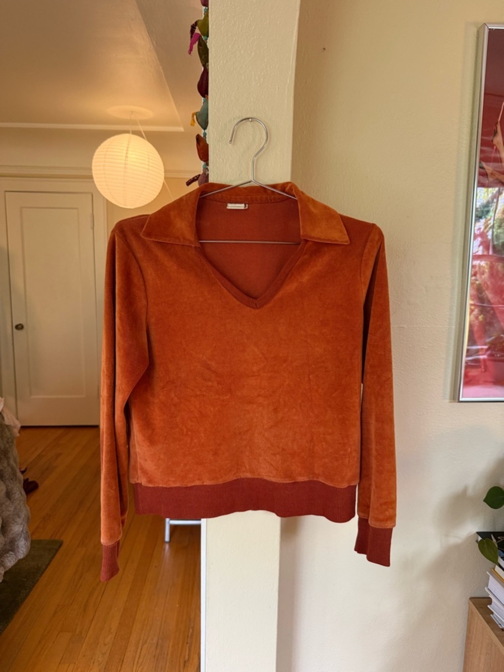 Vintage Sears Orange 70s V-Neck Velour Sweater